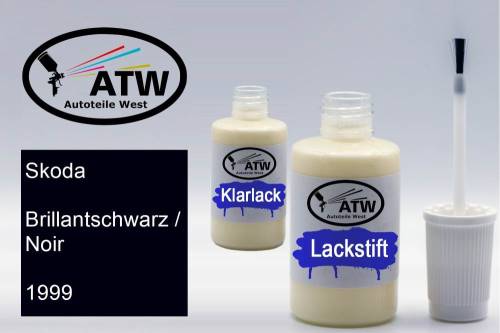 Skoda, Brillantschwarz / Noir, 1999: 20ml Lackstift + 20ml Klarlack - Set, von ATW Autoteile West.